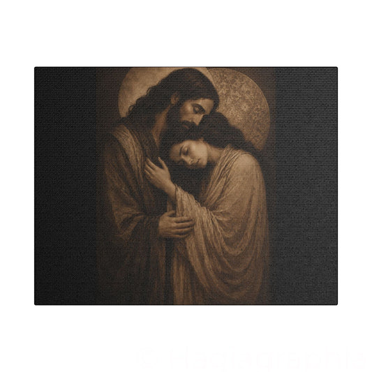 Yeshua & Mary Portrait Satin Canvas Stretched | Couple Close-Up Wall Art